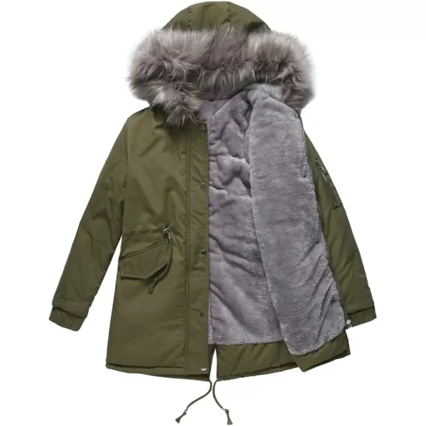 imagechouyatou Womens Winter Sherpa Lined Faux Fur Hooded Mid Long Safari Parka CoatArmy Green
