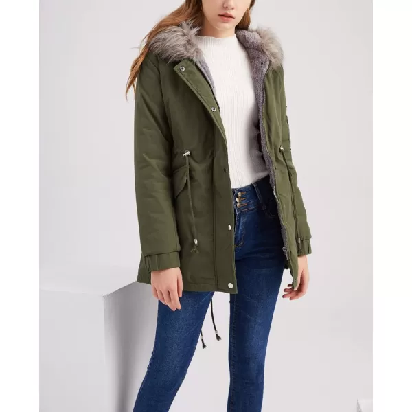 imagechouyatou Womens Winter Sherpa Lined Faux Fur Hooded Mid Long Safari Parka CoatArmy Green