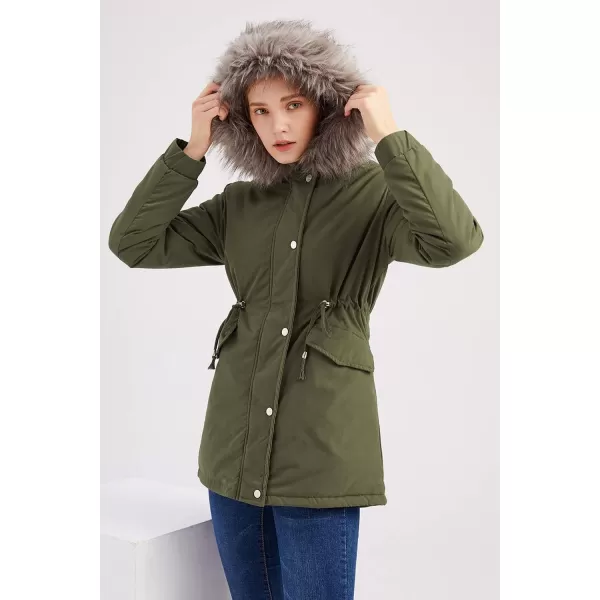 imagechouyatou Womens Winter Sherpa Lined Faux Fur Hooded Mid Long Safari Parka CoatArmy Green