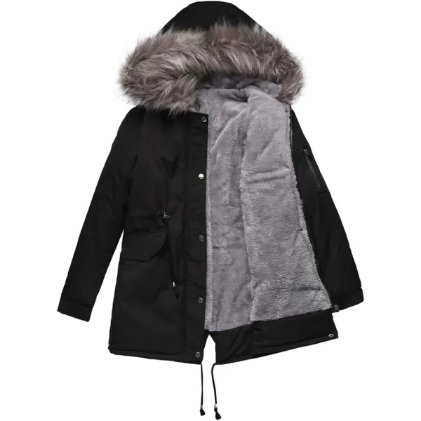 imagechouyatou Womens Winter Sherpa Lined Faux Fur Hooded Mid Long Safari Parka CoatBlack