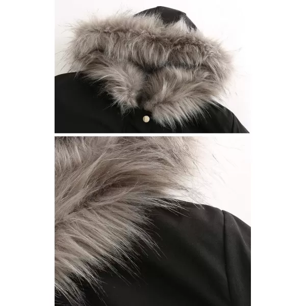 imagechouyatou Womens Winter Sherpa Lined Faux Fur Hooded Mid Long Safari Parka CoatBlack