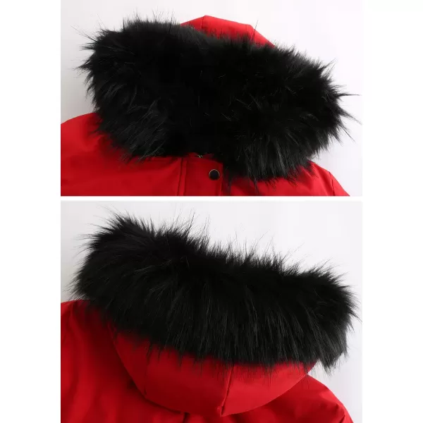 imagechouyatou Womens Winter Sherpa Lined Faux Fur Hooded Mid Long Safari Parka CoatRed