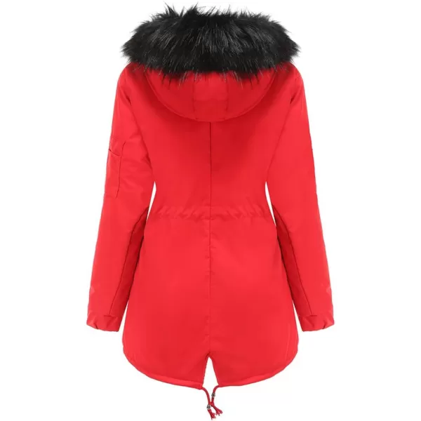 imagechouyatou Womens Winter Sherpa Lined Faux Fur Hooded Mid Long Safari Parka CoatRed
