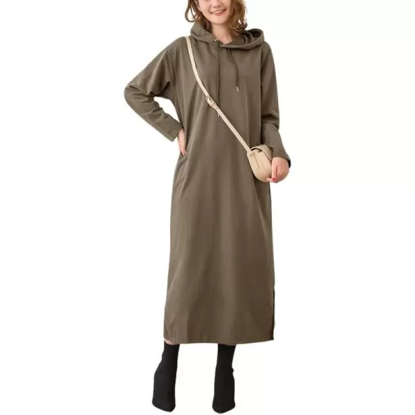 imagechouyatou Womens Basic Solid Long Sleeve Sweatshirt Hoodie Maxi Dress With PocketsArmy Green