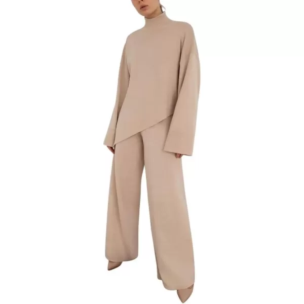 imagechouyatou Womens Casual 2 Piece Outfits Knitted Mock Neck Irregular Sweater Wide Leg Pants SetBeige