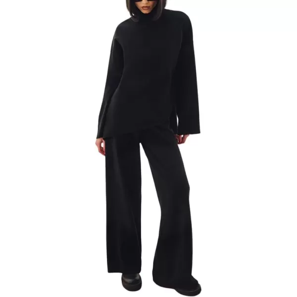 imagechouyatou Womens Casual 2 Piece Outfits Knitted Mock Neck Irregular Sweater Wide Leg Pants SetBlack