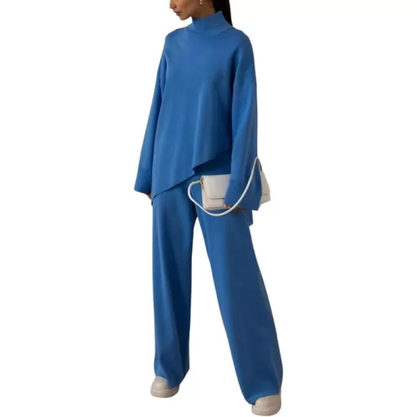 imagechouyatou Womens Casual 2 Piece Outfits Knitted Mock Neck Irregular Sweater Wide Leg Pants SetBlue