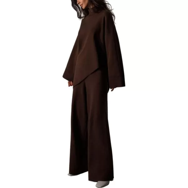 imagechouyatou Womens Casual 2 Piece Outfits Knitted Mock Neck Irregular Sweater Wide Leg Pants SetDark Coffee