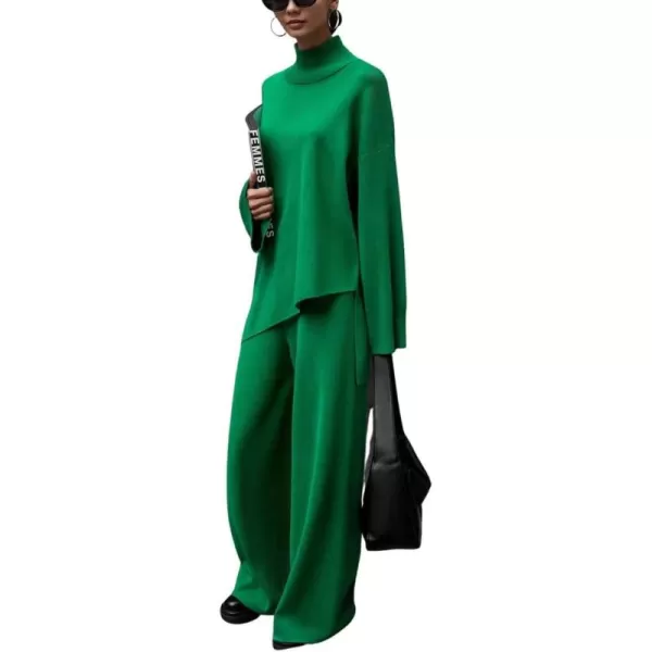 imagechouyatou Womens Casual 2 Piece Outfits Knitted Mock Neck Irregular Sweater Wide Leg Pants SetGreen