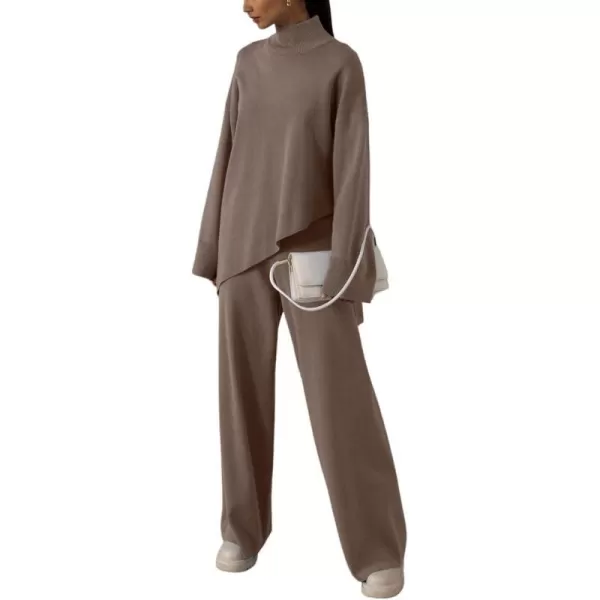 imagechouyatou Womens Casual 2 Piece Outfits Knitted Mock Neck Irregular Sweater Wide Leg Pants SetLight Brown