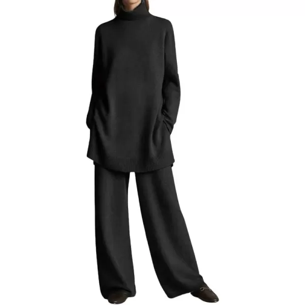 imagechouyatou Womens Casual 2 Piece Outfits Turtleneck Knitted Sweater Wide Leg Pants SetBlack