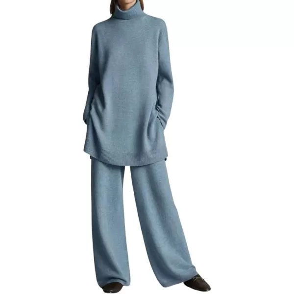 imagechouyatou Womens Casual 2 Piece Outfits Turtleneck Knitted Sweater Wide Leg Pants SetBlue