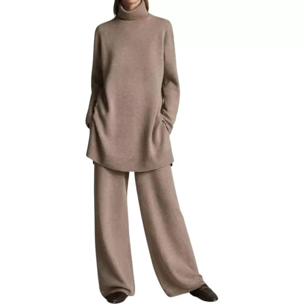 imagechouyatou Womens Casual 2 Piece Outfits Turtleneck Knitted Sweater Wide Leg Pants SetKhaki