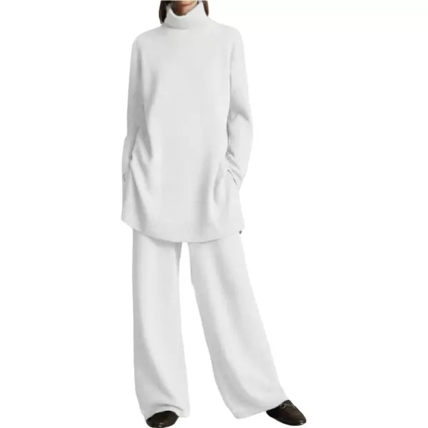 imagechouyatou Womens Casual 2 Piece Outfits Turtleneck Knitted Sweater Wide Leg Pants SetWhite