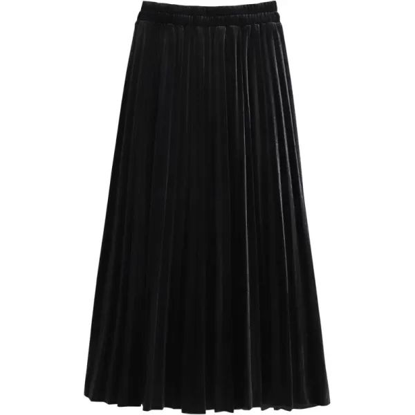 imagechouyatou Womens Casual Stretched High Waist Plus Size A Line Flared Flowy Pleated Long Velvet Party SkirtBlack