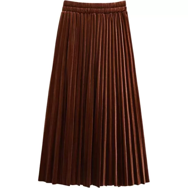 imagechouyatou Womens Casual Stretched High Waist Plus Size A Line Flared Flowy Pleated Long Velvet Party SkirtCaramel