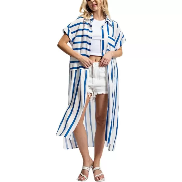 imagechouyatou Womens Casual Striped Button Down Shirt Dress Loose Side Split Swimsuit Cover Ups Summer Beach DressBlue