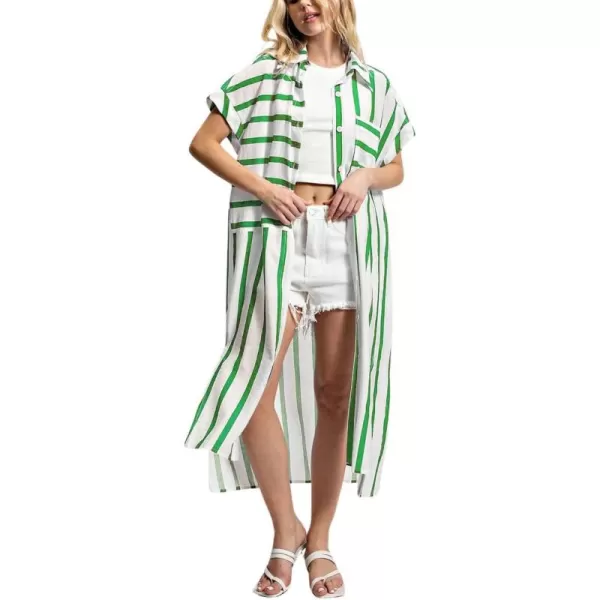 imagechouyatou Womens Casual Striped Button Down Shirt Dress Loose Side Split Swimsuit Cover Ups Summer Beach DressGreen