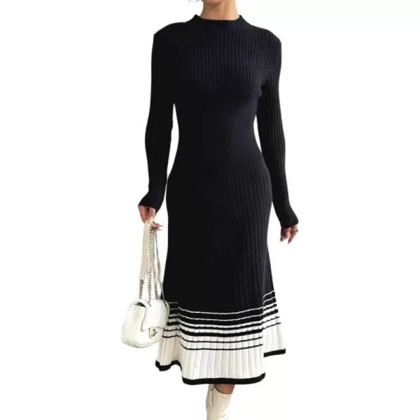 imagechouyatou Womens Color Block Striped Hem Long Sleeve Sweater Dress Pleated ALine Swing Ribbed Knit Long DressBlack