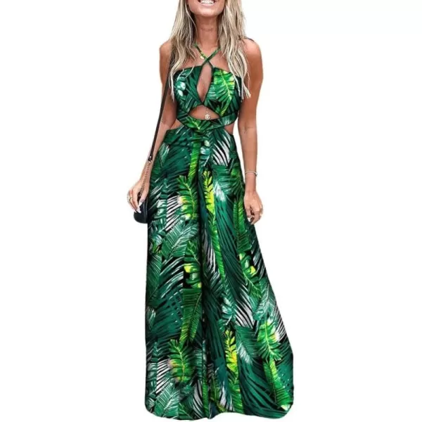 imagechouyatou Womens Cut Out Jumpsuit Tropical Palm Print Spaghetti Strap Wide Leg Boho Romper OverallsGreen