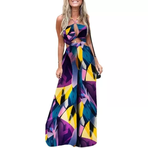 imagechouyatou Womens Cut Out Jumpsuit Tropical Palm Print Spaghetti Strap Wide Leg Boho Romper OverallsPurple