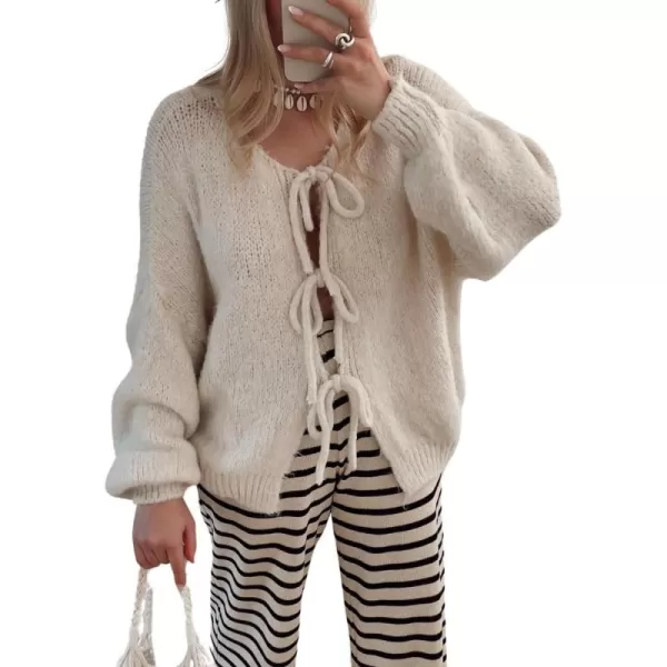 imagechouyatou Womens Cute Bow Knot Cardigan Fall Casual Oversized Ribbed Knit Sweater Cardigan TopsApricot