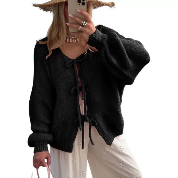 imagechouyatou Womens Cute Bow Knot Cardigan Fall Casual Oversized Ribbed Knit Sweater Cardigan TopsBlack