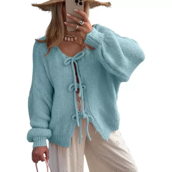 imagechouyatou Womens Cute Bow Knot Cardigan Fall Casual Oversized Ribbed Knit Sweater Cardigan TopsBlue