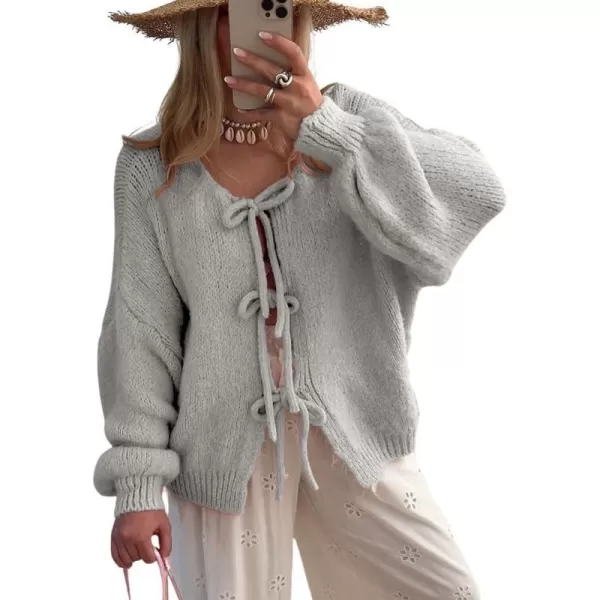 imagechouyatou Womens Cute Bow Knot Cardigan Fall Casual Oversized Ribbed Knit Sweater Cardigan TopsGrey