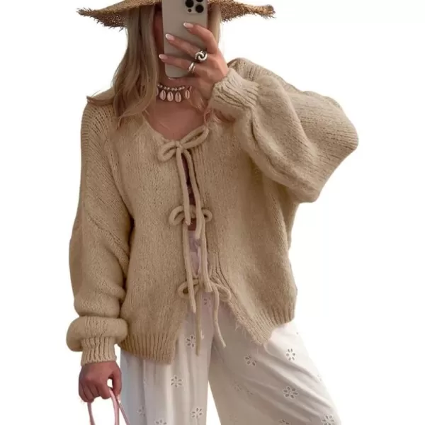 imagechouyatou Womens Cute Bow Knot Cardigan Fall Casual Oversized Ribbed Knit Sweater Cardigan TopsKhaki
