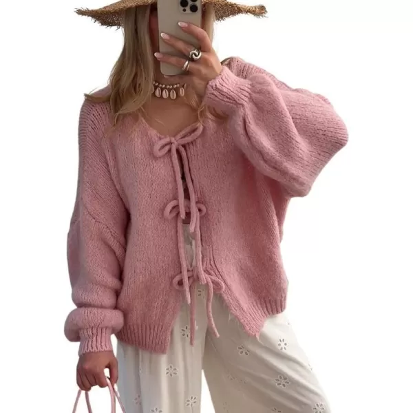imagechouyatou Womens Cute Bow Knot Cardigan Fall Casual Oversized Ribbed Knit Sweater Cardigan TopsPink