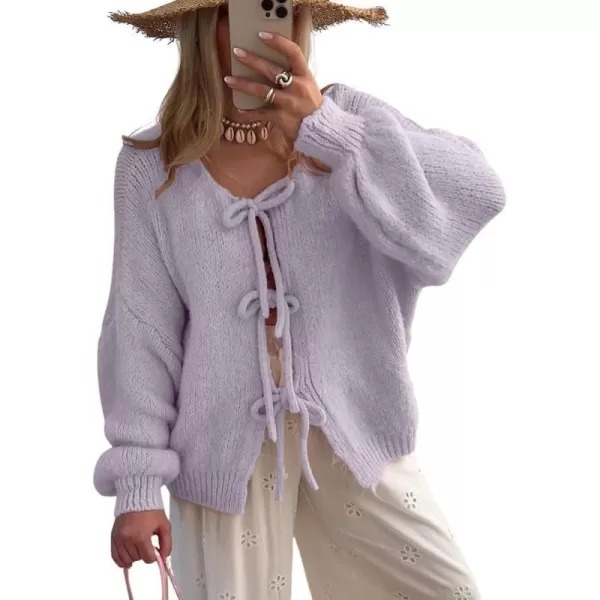 imagechouyatou Womens Cute Bow Knot Cardigan Fall Casual Oversized Ribbed Knit Sweater Cardigan TopsPurple