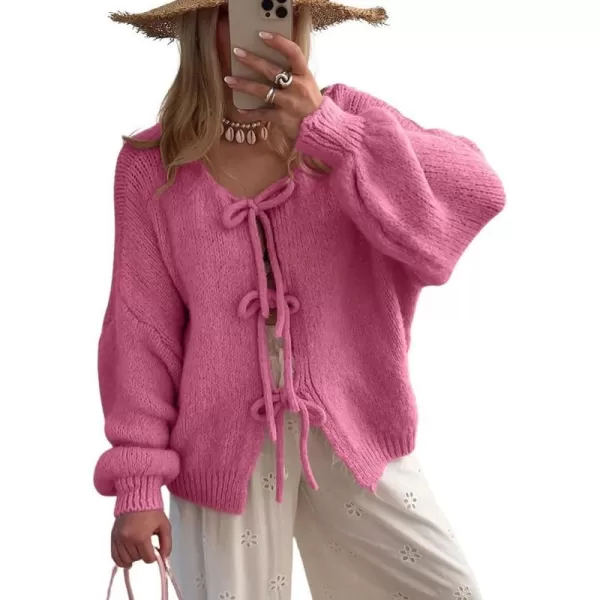 imagechouyatou Womens Cute Bow Knot Cardigan Fall Casual Oversized Ribbed Knit Sweater Cardigan TopsRose Pink