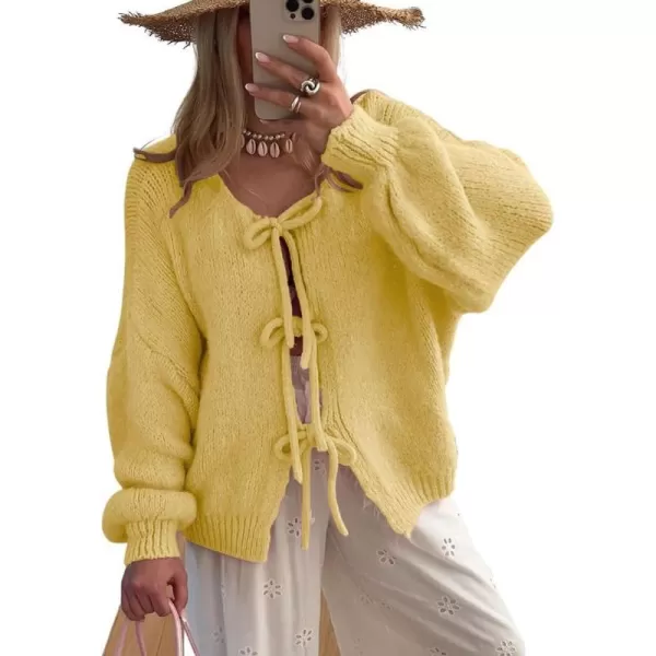 imagechouyatou Womens Cute Bow Knot Cardigan Fall Casual Oversized Ribbed Knit Sweater Cardigan TopsYellow
