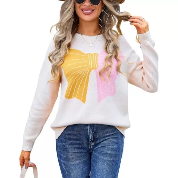 imagechouyatou Womens Cute Bow Printed Pullover Sweater Color Block Long Sleeve Knit Jumper TopsApricot