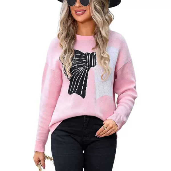 imagechouyatou Womens Cute Bow Printed Pullover Sweater Color Block Long Sleeve Knit Jumper TopsPink