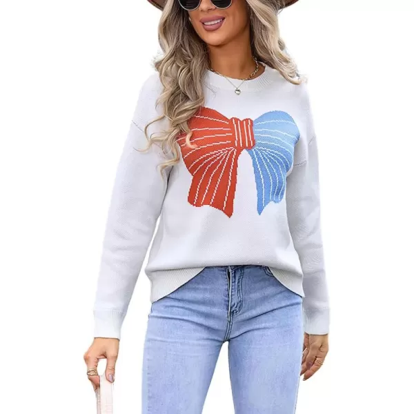 imagechouyatou Womens Cute Bow Printed Pullover Sweater Color Block Long Sleeve Knit Jumper TopsWhite