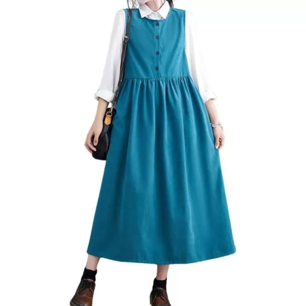 imagechouyatou Womens Cute Sleeveless Corduroy Overall Dress Jumper Midi Babydoll Tank Dress with PocketsBlue