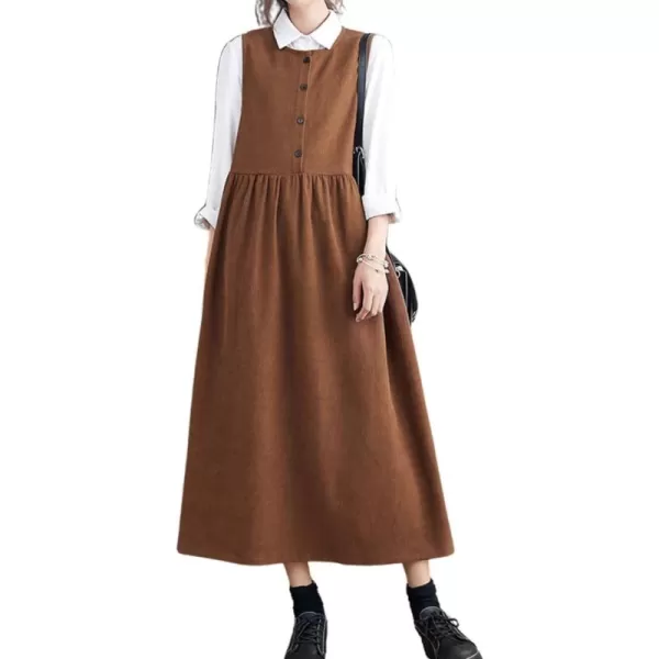 imagechouyatou Womens Cute Sleeveless Corduroy Overall Dress Jumper Midi Babydoll Tank Dress with PocketsBrown