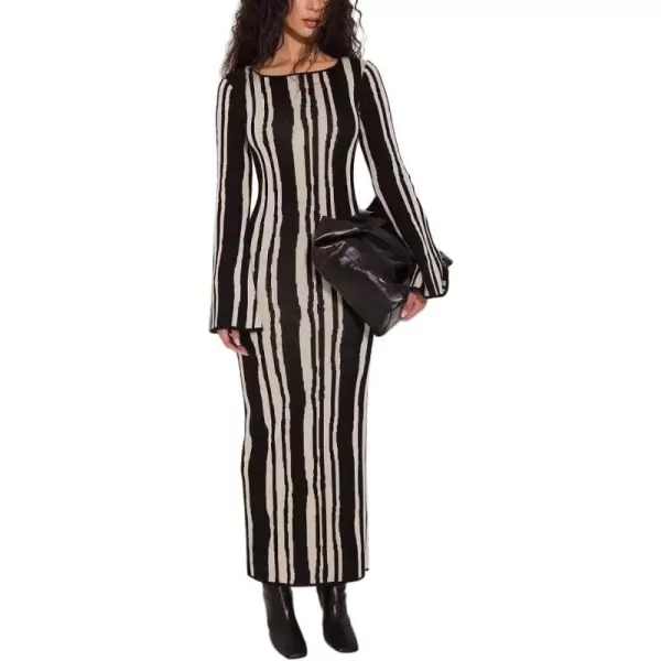 imagechouyatou Womens Elegant Long Sleeve Sweater Maxi Dress Sexy Stretchy Bodycon Striped Pullover Knit Sweater DressBlack Vertical Striped