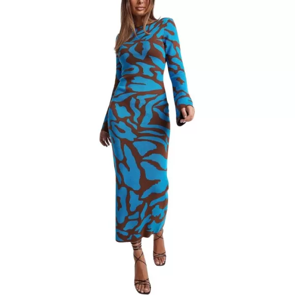 imagechouyatou Womens Elegant Long Sleeve Sweater Maxi Dress Sexy Stretchy Bodycon Striped Pullover Knit Sweater DressBlue Striped