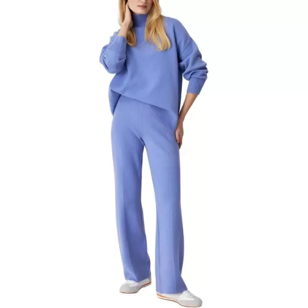 imagechouyatou Womens Fall 2 Piece Outfits Knit Sweater Sets Mock Neck Sweater High Waist Pants Lounge SetsBlue