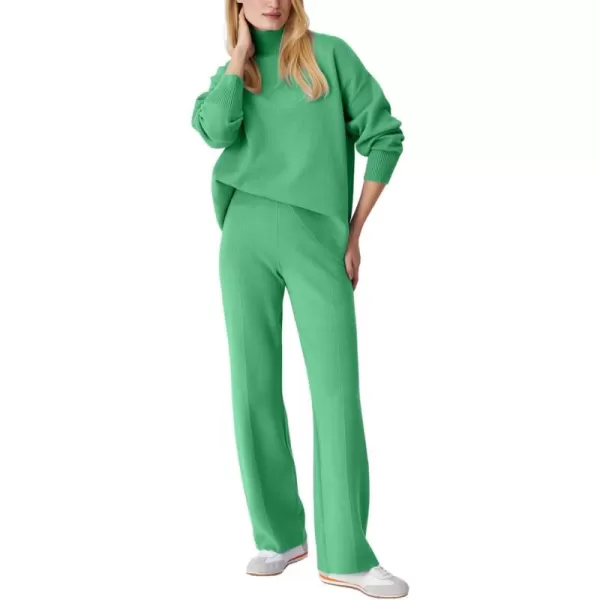 imagechouyatou Womens Fall 2 Piece Outfits Knit Sweater Sets Mock Neck Sweater High Waist Pants Lounge SetsGreen