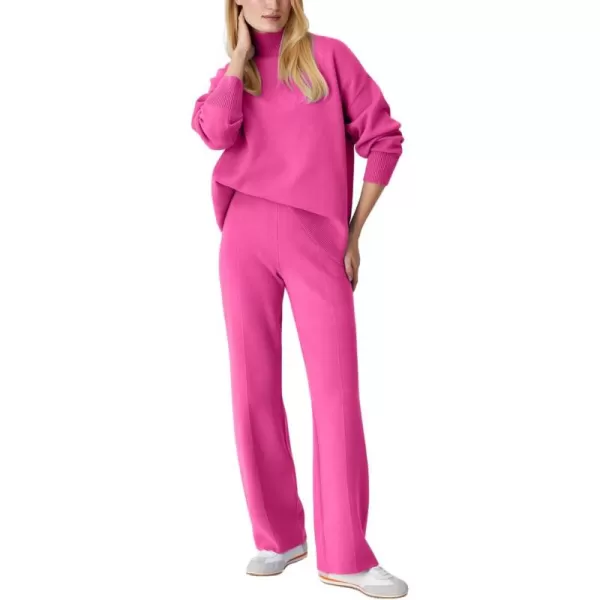 imagechouyatou Womens Fall 2 Piece Outfits Knit Sweater Sets Mock Neck Sweater High Waist Pants Lounge SetsRose Red