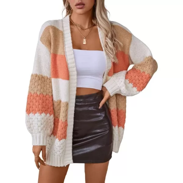 imagechouyatou Womens Fall 2024 Knitwear Color Block Open Front Cardigan Casual Loose Ribbed Knit Sweater CardiganOrange