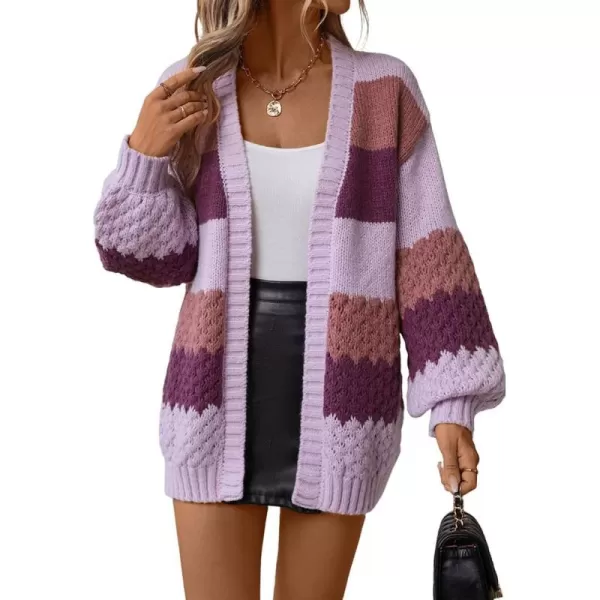 imagechouyatou Womens Fall 2024 Knitwear Color Block Open Front Cardigan Casual Loose Ribbed Knit Sweater CardiganPurple