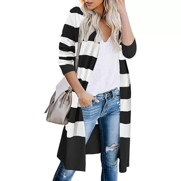 imagechouyatou Womens Fall Color Block Striped Cardigan Sweater Casual Loose Open Front Knit Long Coatigan CoatBlack