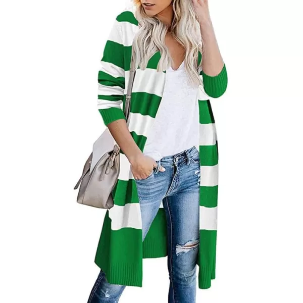 imagechouyatou Womens Fall Color Block Striped Cardigan Sweater Casual Loose Open Front Knit Long Coatigan CoatGreen