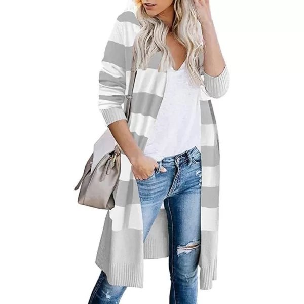 imagechouyatou Womens Fall Color Block Striped Cardigan Sweater Casual Loose Open Front Knit Long Coatigan CoatGrey