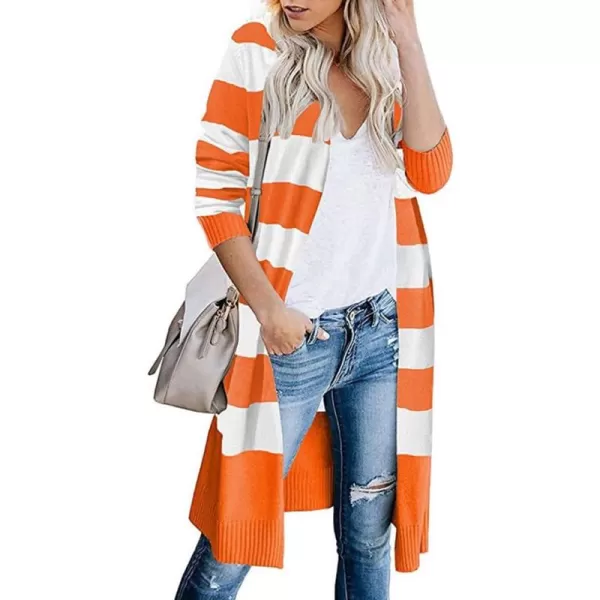 imagechouyatou Womens Fall Color Block Striped Cardigan Sweater Casual Loose Open Front Knit Long Coatigan CoatOrange